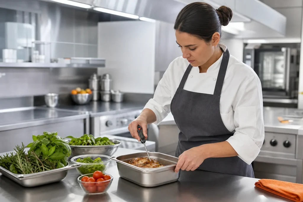 Profesional de cocina comprobando la temperatura de un alimento