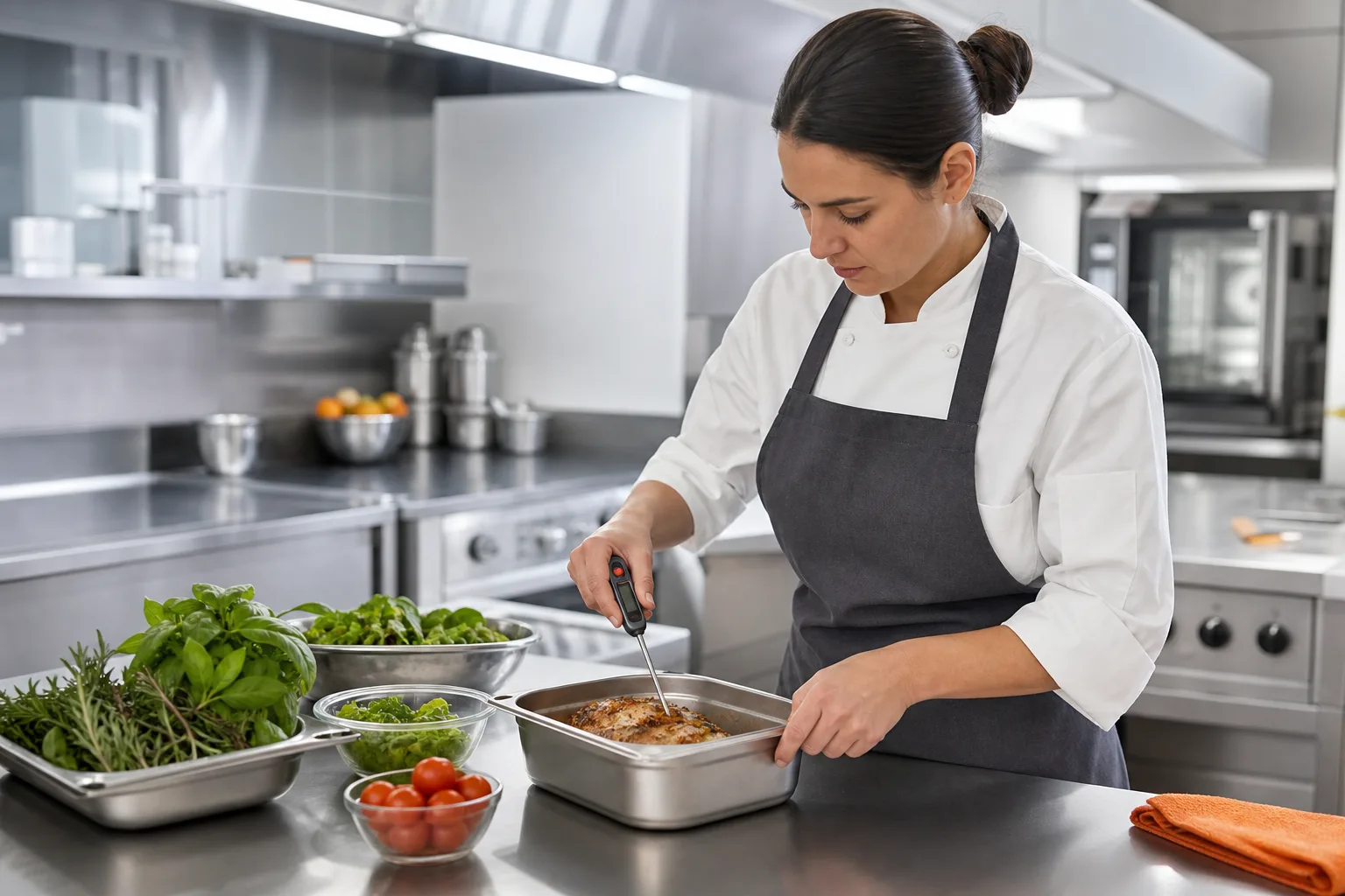 Profesional de cocina comprobando la temperatura de un alimento