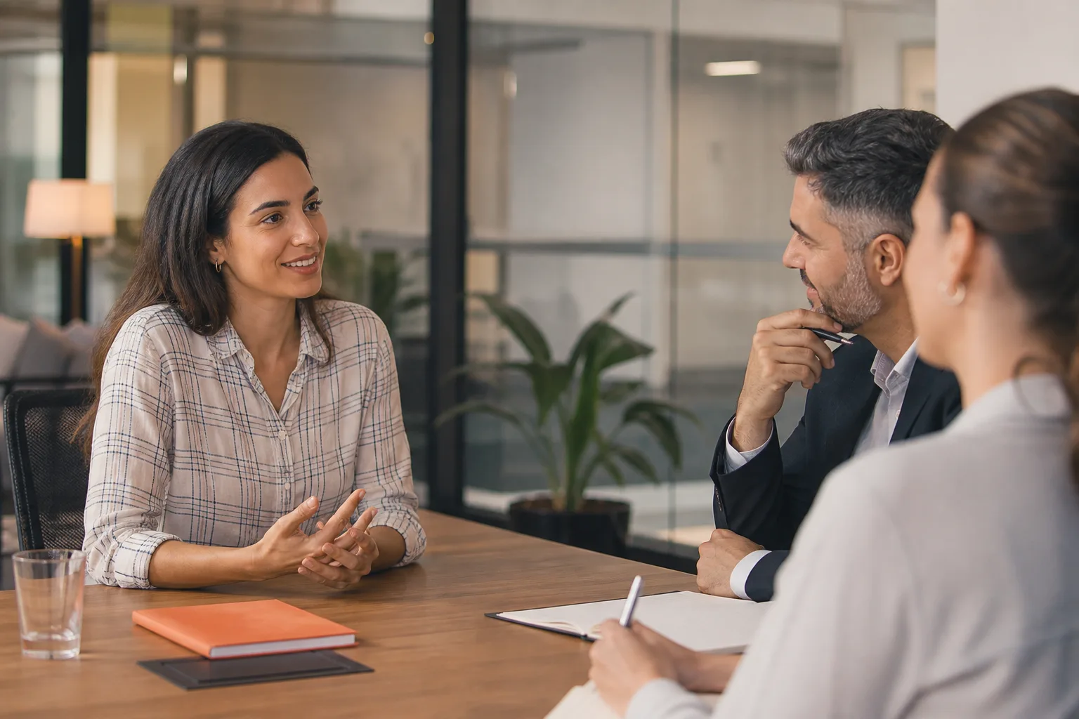 Candidata conversando con un equipo durante una entrevista de trabajo