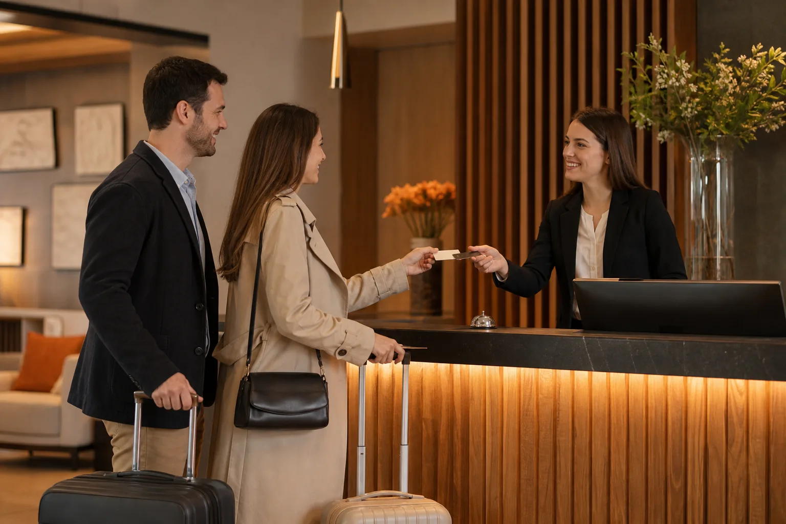 Recepcionista atendiendo a huéspedes en un establecimiento hotelero