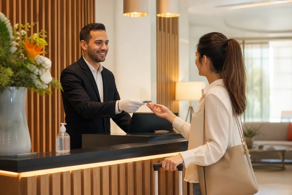 Recepcionista entregando una llave en un mostrador con medidas de higiene