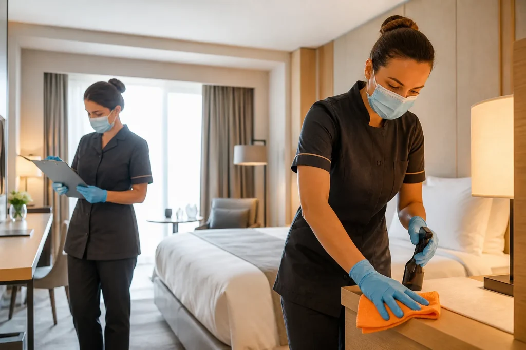 Profesionales de limpieza aplicando medidas reforzadas de higiene en una habitación de hotel