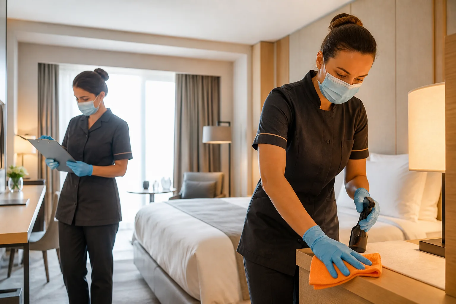 Profesionales de limpieza aplicando medidas reforzadas de higiene en una habitación de hotel