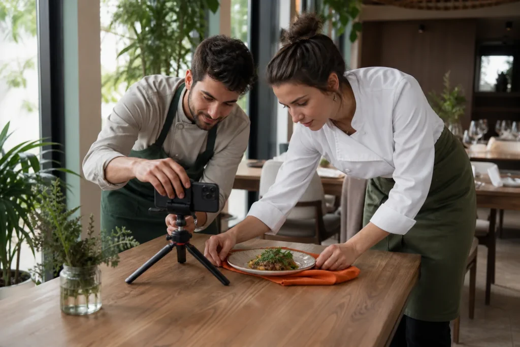 Profesionales de hostelería preparando una fotografía de un plato