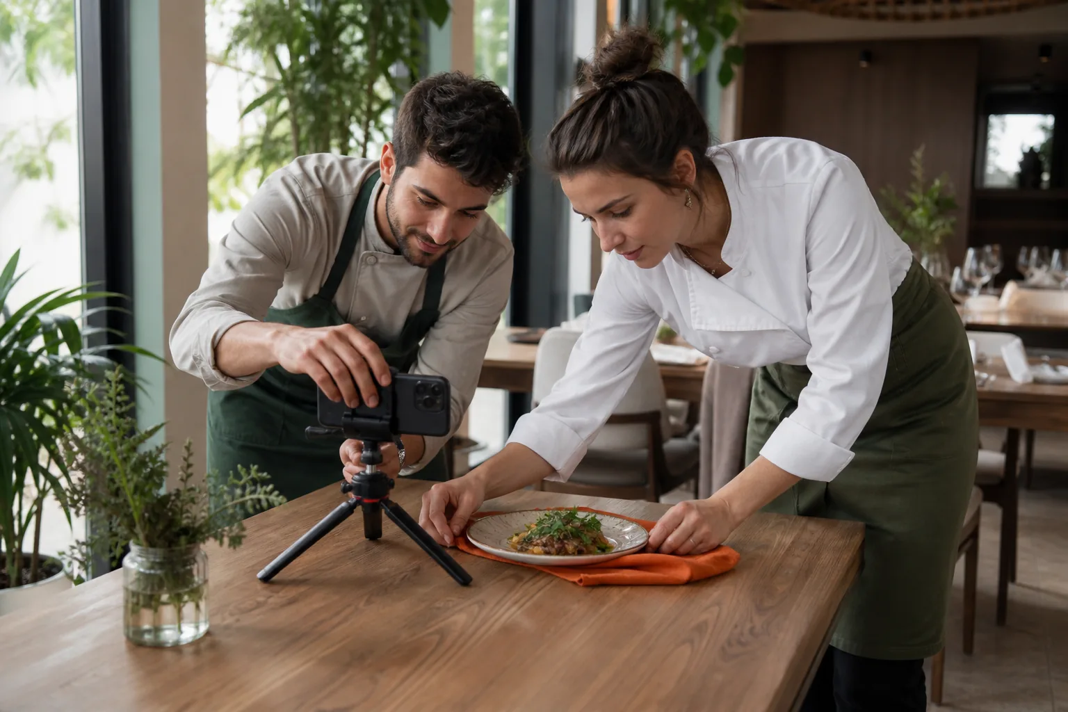 Profesionales de hostelería preparando una fotografía de un plato