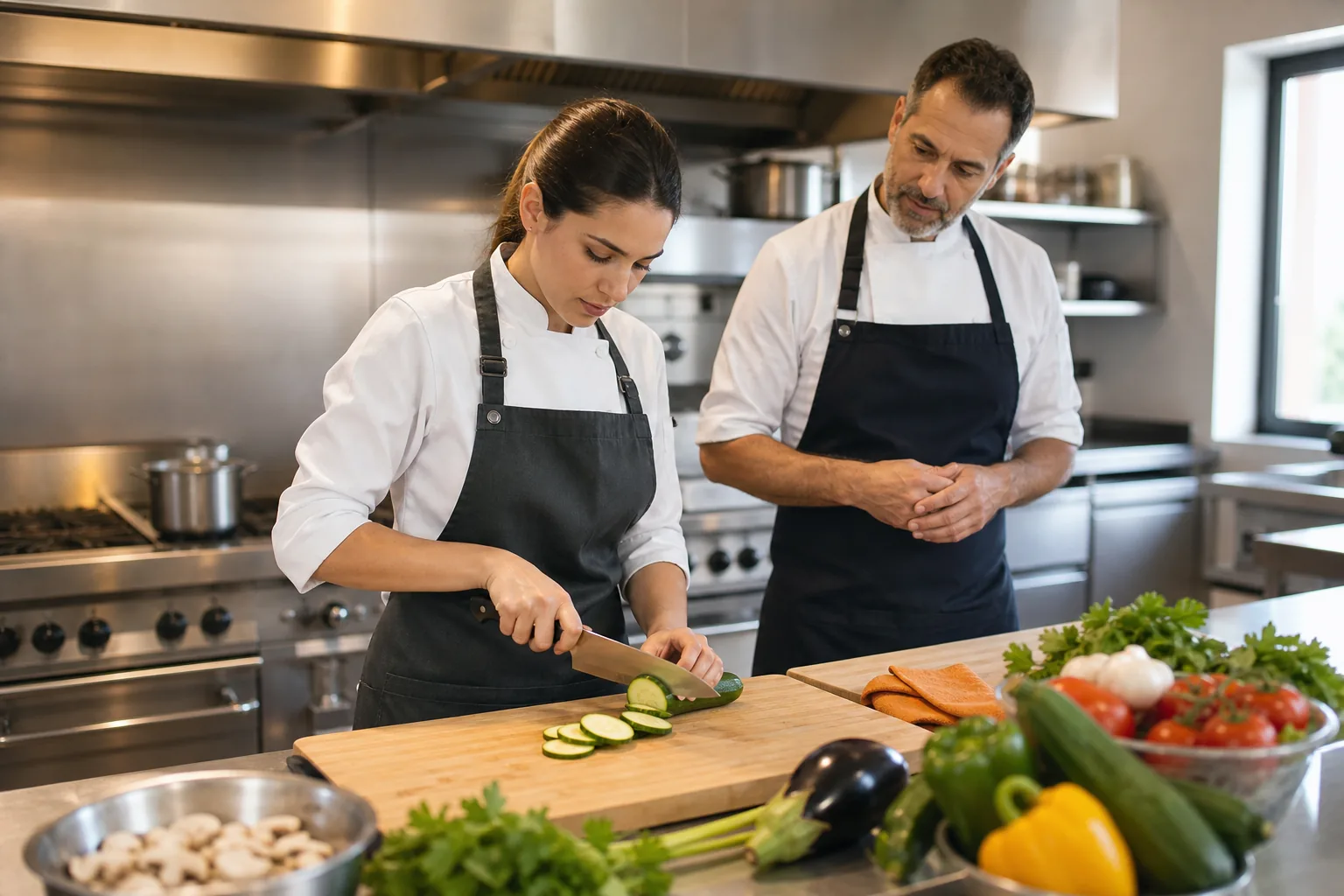 Aprendiz de cocina cortando verduras bajo la supervisión de un chef