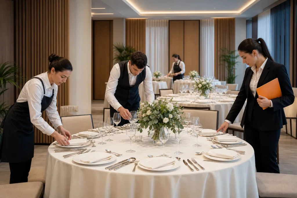 Equipo preparando un salón para un banquete