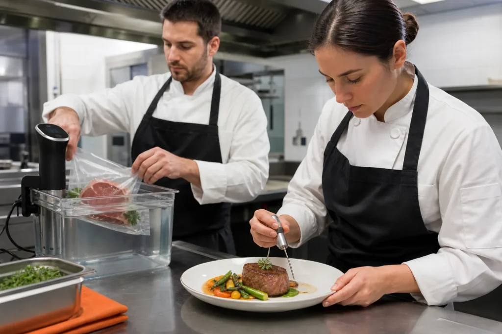 Chefs aplicando técnicas de cocción de precisión en una cocina profesional