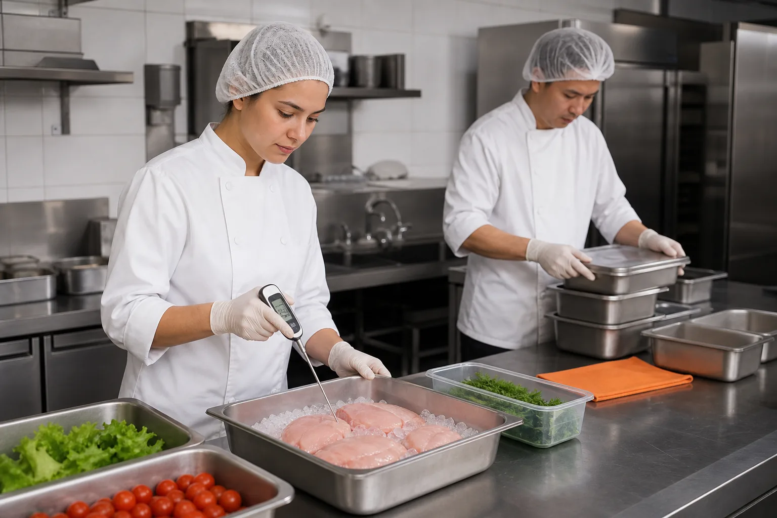 Profesional comprobando la temperatura de alimentos en una cocina