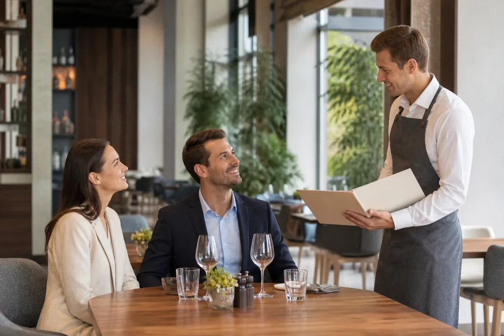 Camarero conversando con dos clientes en un restaurante
