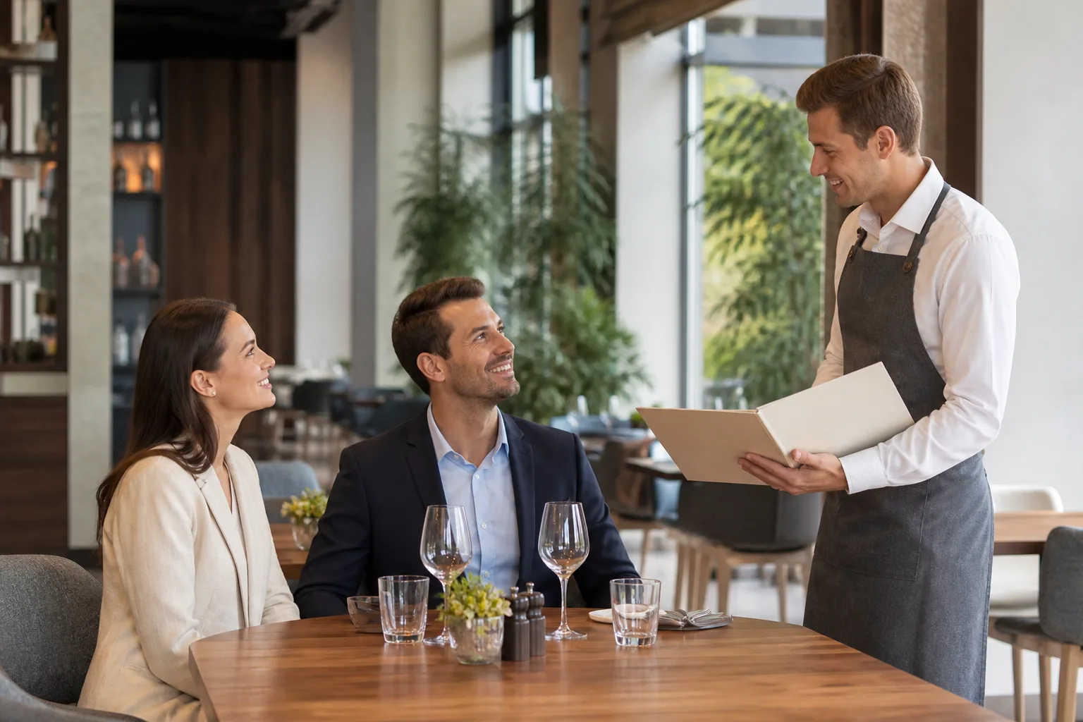 Camarero conversando con dos clientes en un restaurante