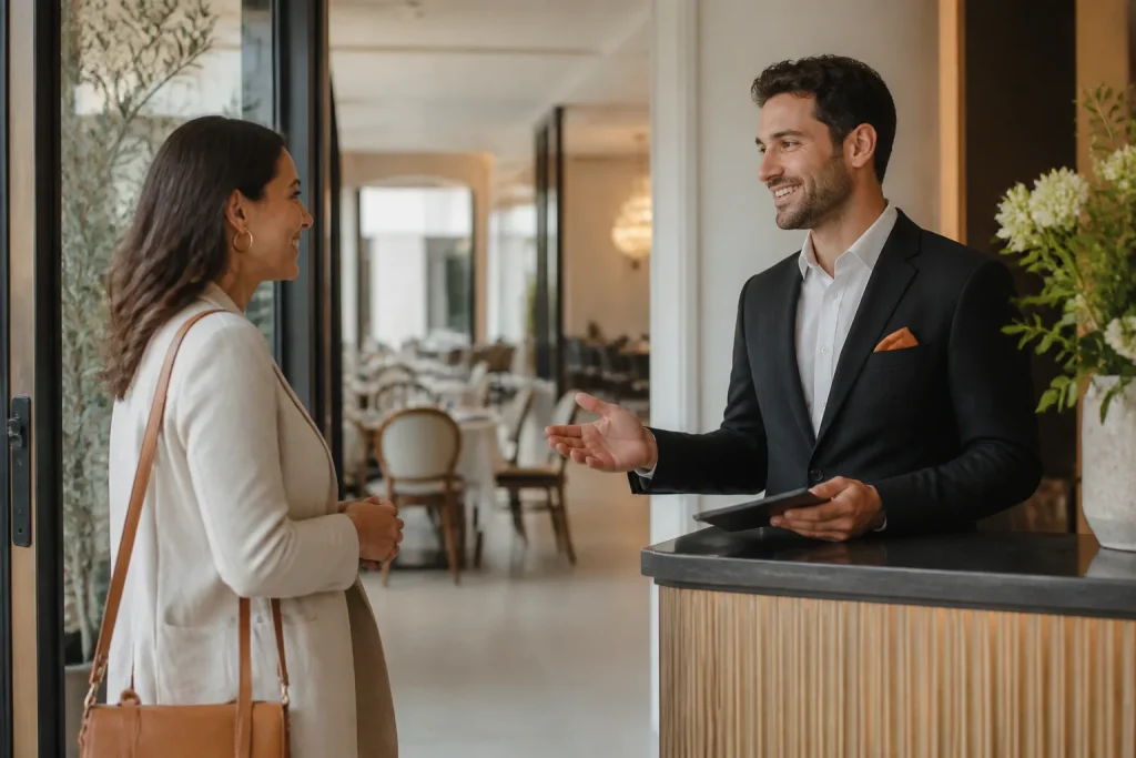 Profesional de hostelería atendiendo a una clienta en un restaurante
