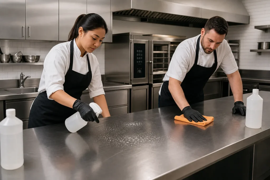 Profesionales desinfectando una superficie de trabajo en una cocina