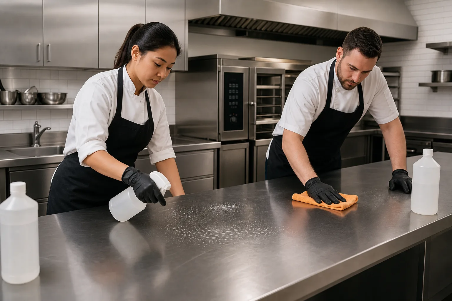 Profesionales desinfectando una superficie de trabajo en una cocina