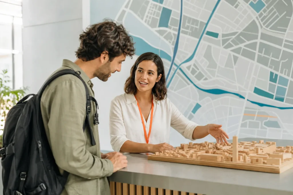 Profesional de turismo atendiendo a un viajero en un punto de información