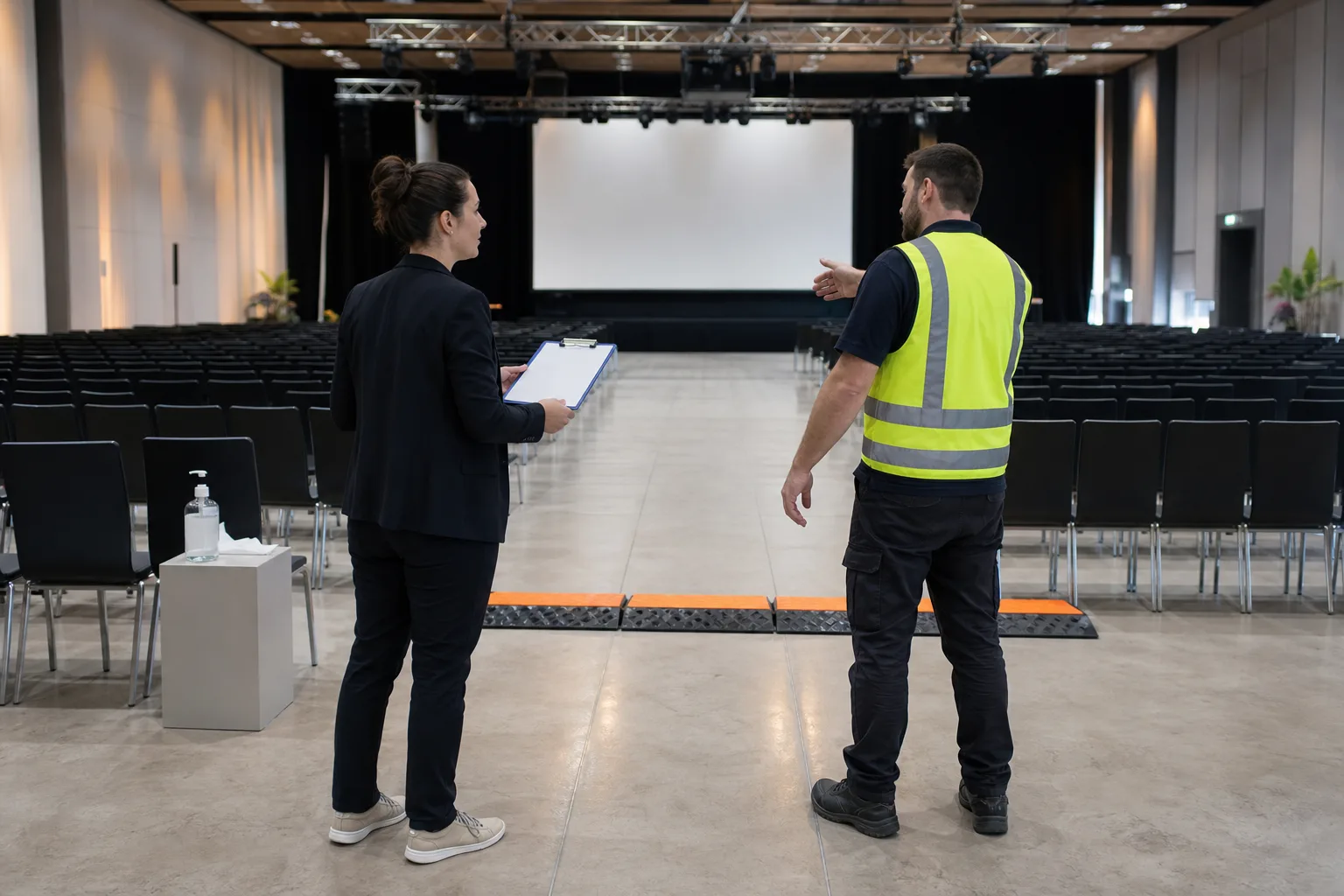 Organizadora y técnico revisando la seguridad de una sala de eventos