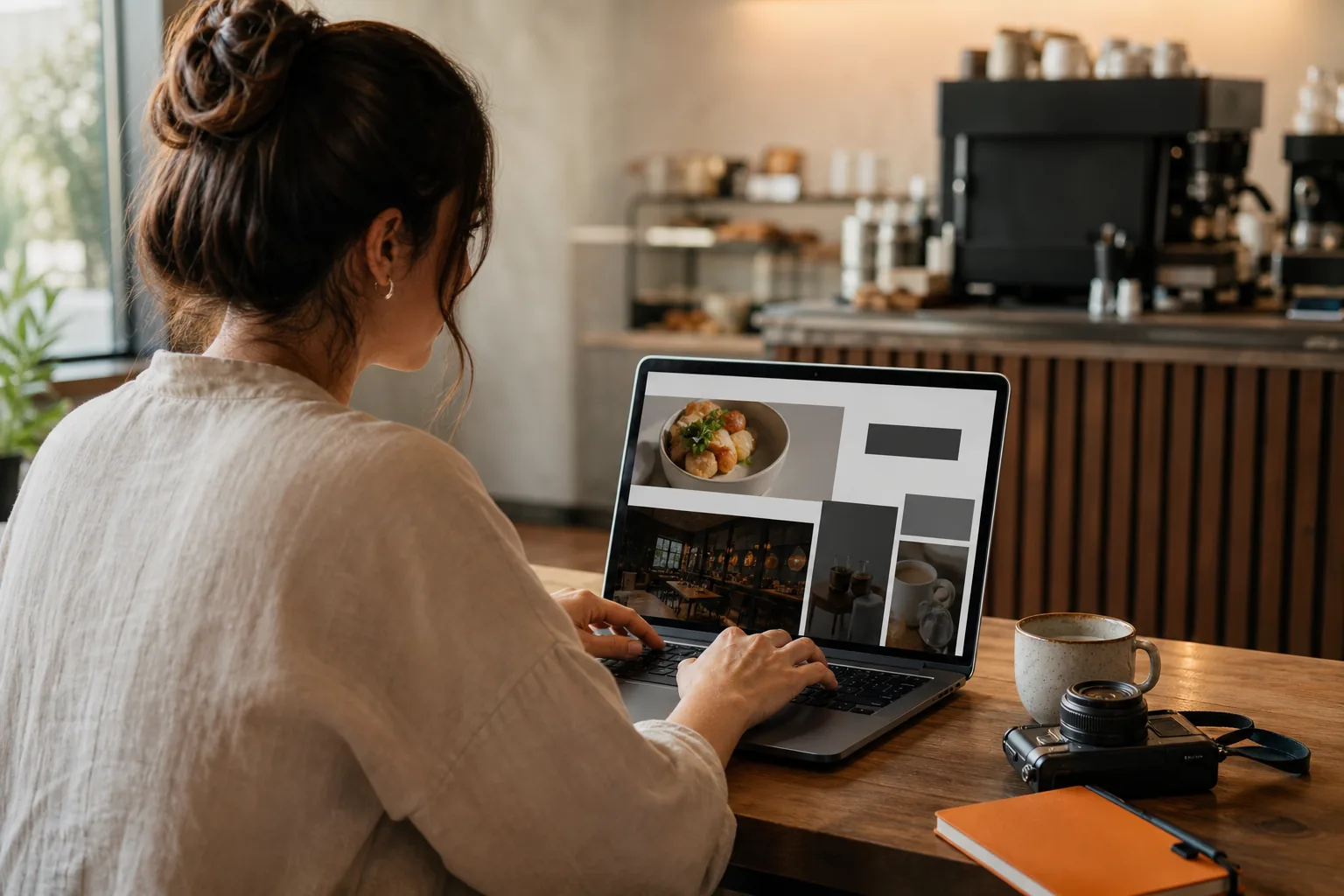 Profesional diseñando una página web de hostelería en una cafetería