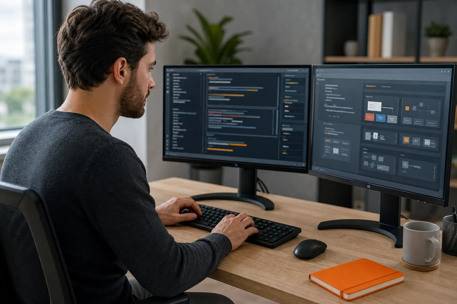 Profesional desarrollando una aplicación web en dos monitores