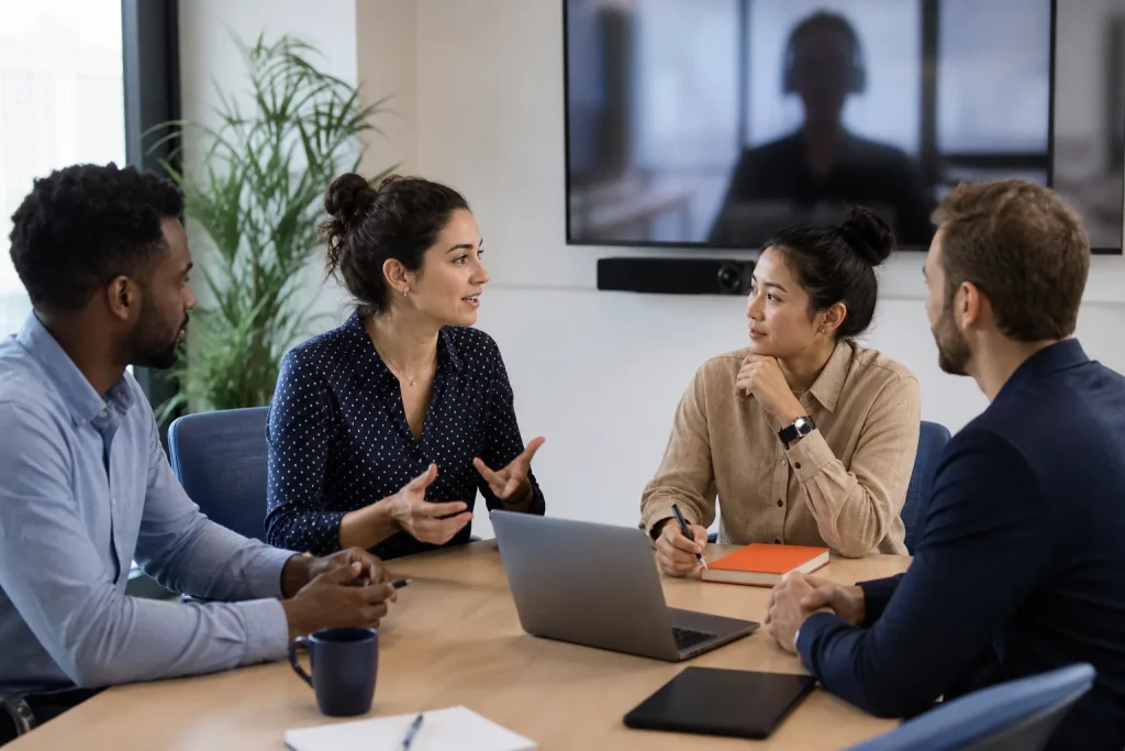 Equipo profesional comunicándose en una reunión híbrida