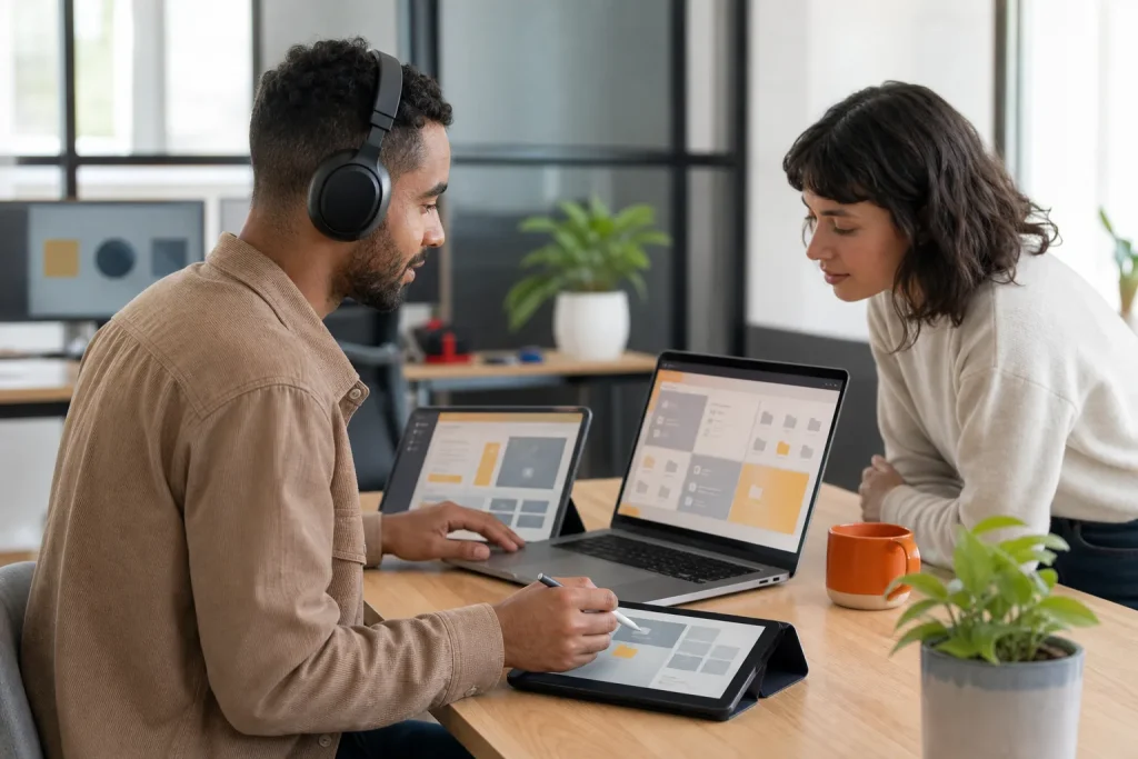 Profesionales utilizando dispositivos y herramientas digitales