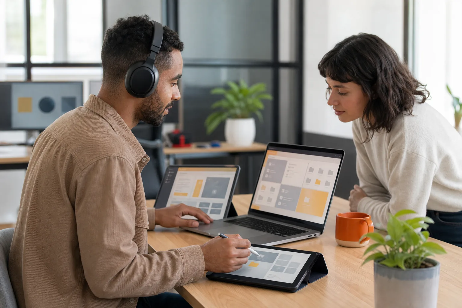Profesionales utilizando dispositivos y herramientas digitales