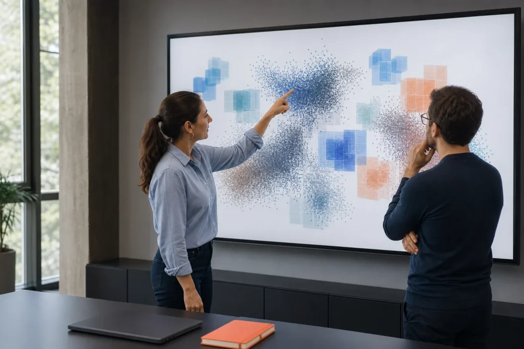Analistas revisando agrupaciones visuales de grandes volúmenes de datos