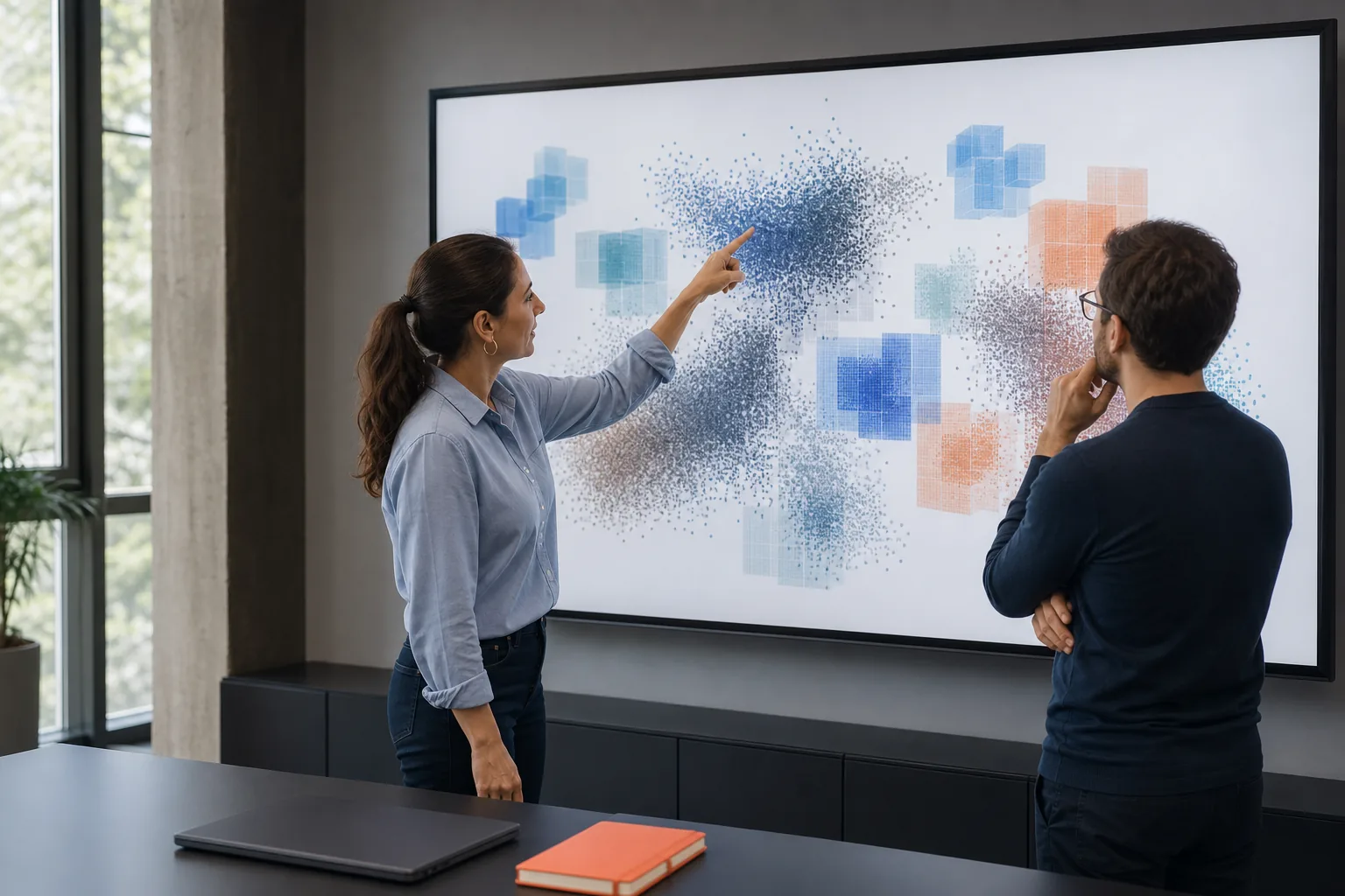 Analistas revisando agrupaciones visuales de grandes volúmenes de datos
