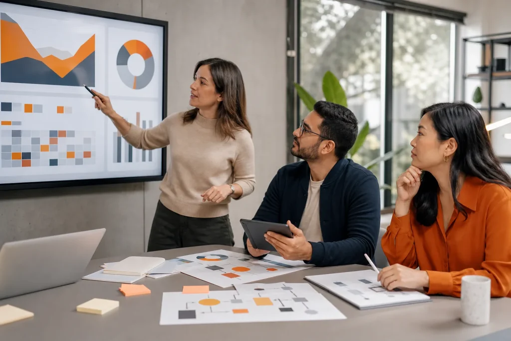 Equipo revisando análisis de negocio y procesos de transformación digital