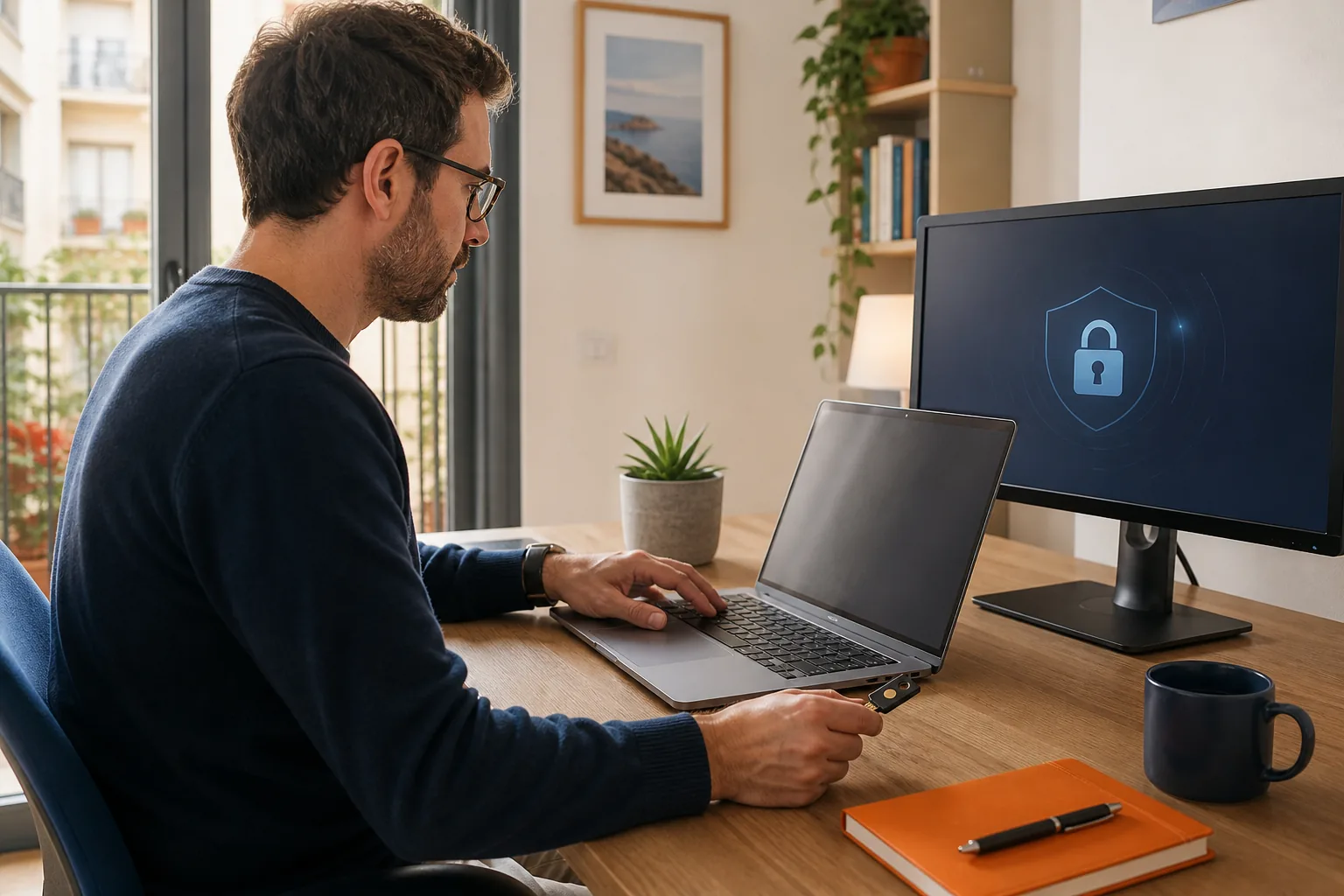 Profesional usando una llave de seguridad en un puesto de teletrabajo