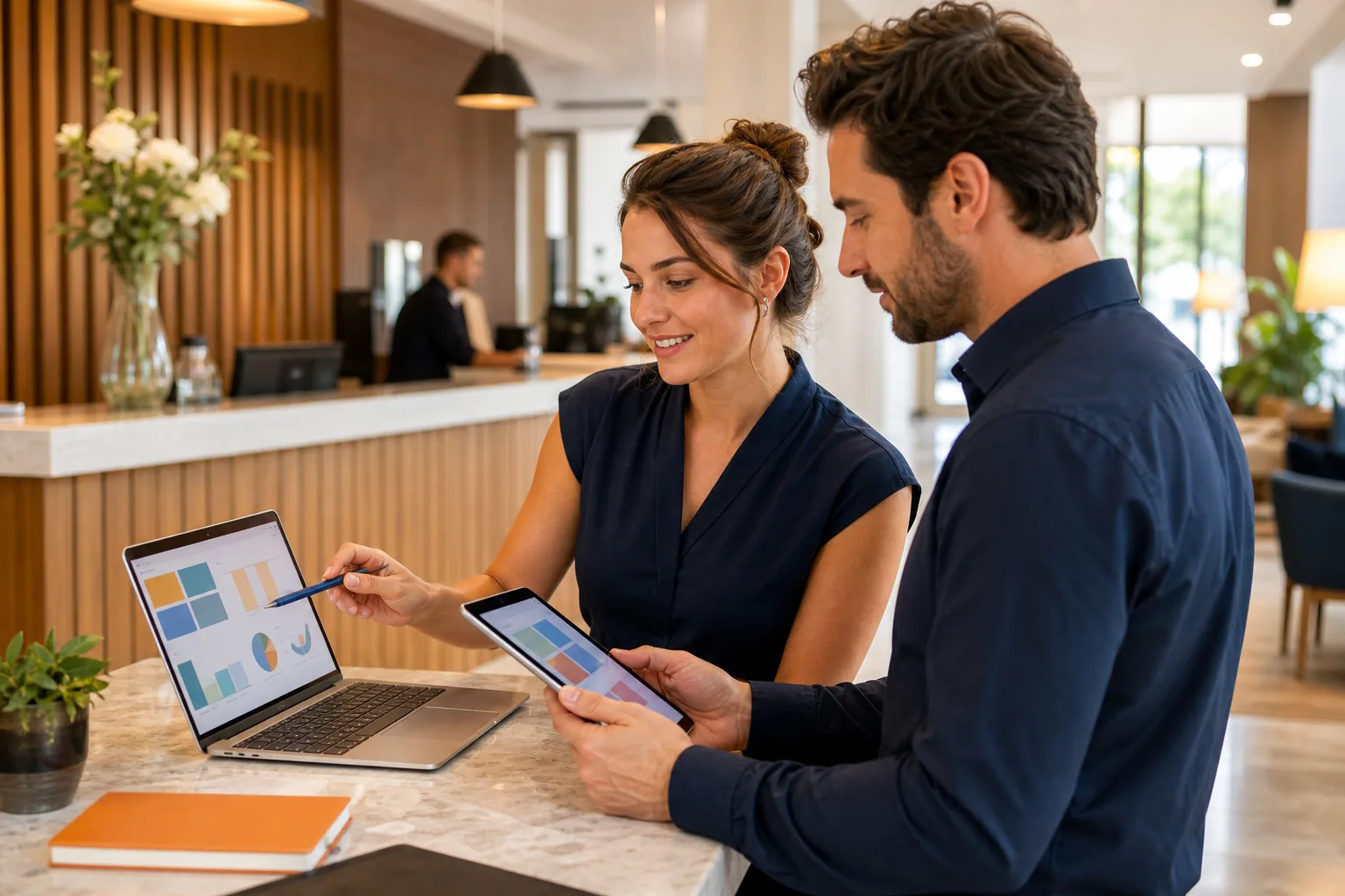 Profesionales de hotel analizando herramientas digitales para gestionar clientes