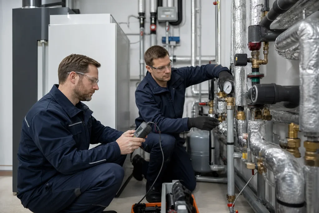 Técnicos inspeccionando una instalación térmica en una sala de máquinas