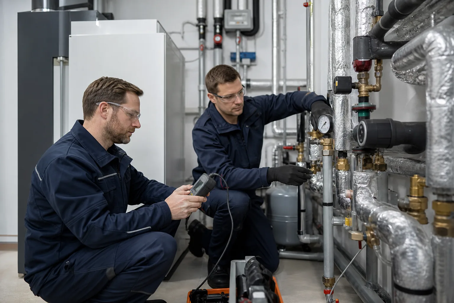 Técnicos inspeccionando una instalación térmica en una sala de máquinas