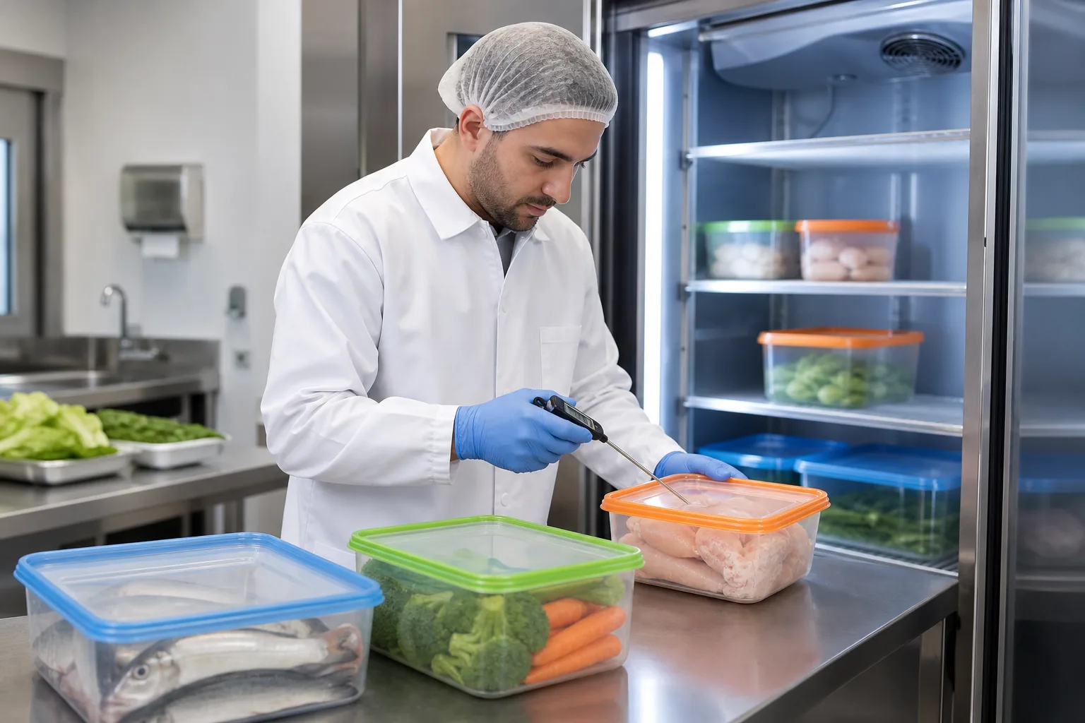 Profesional comprobando la temperatura y conservación de alimentos crudos