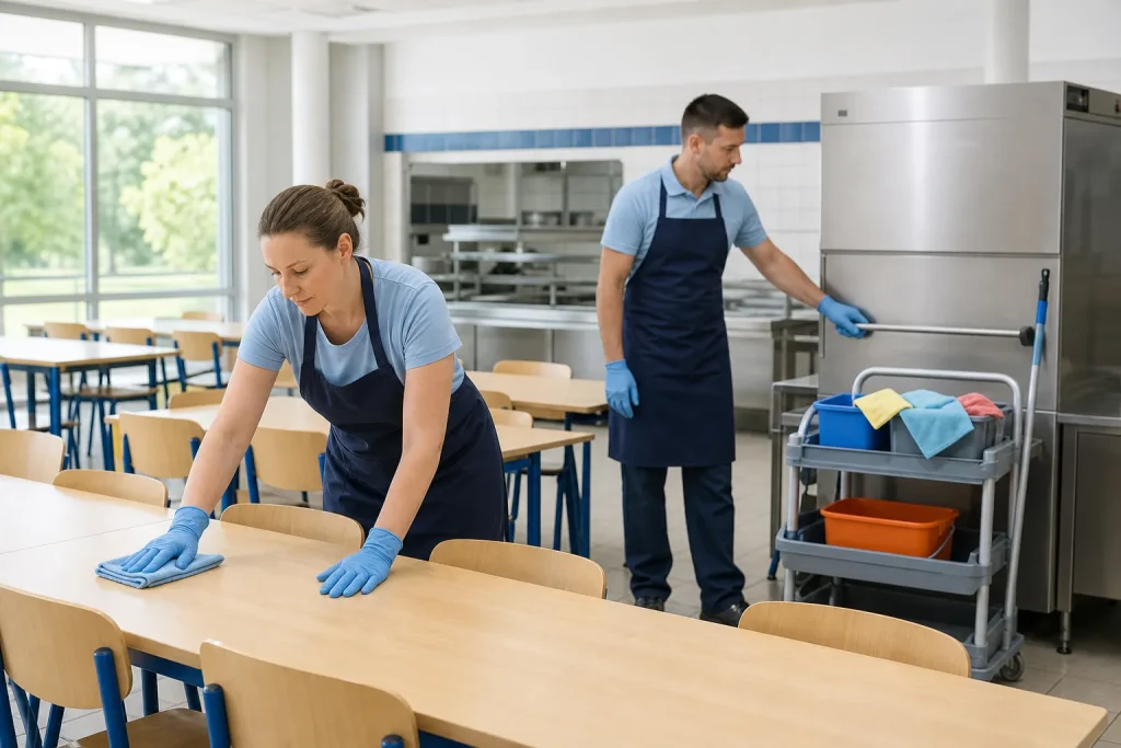 Profesionales limpiando y revisando un comedor escolar