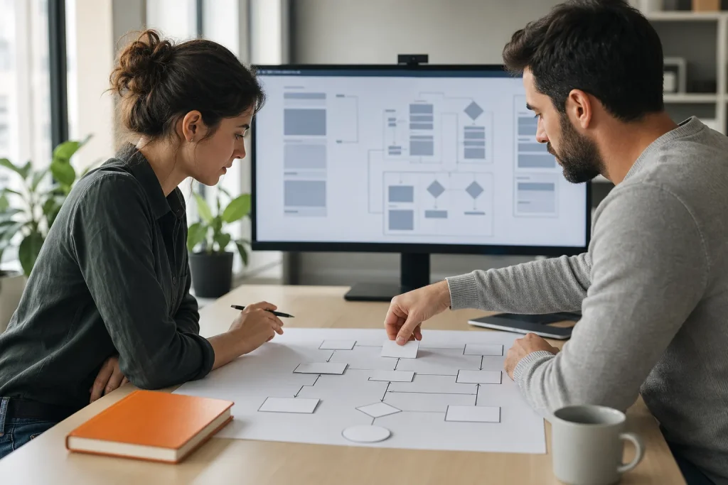 Dos profesionales diseñan la arquitectura y el flujo de una aplicación web.