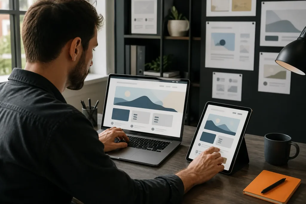 Desarrollador comprueba el diseño adaptable de una web dinámica en portátil y tableta.