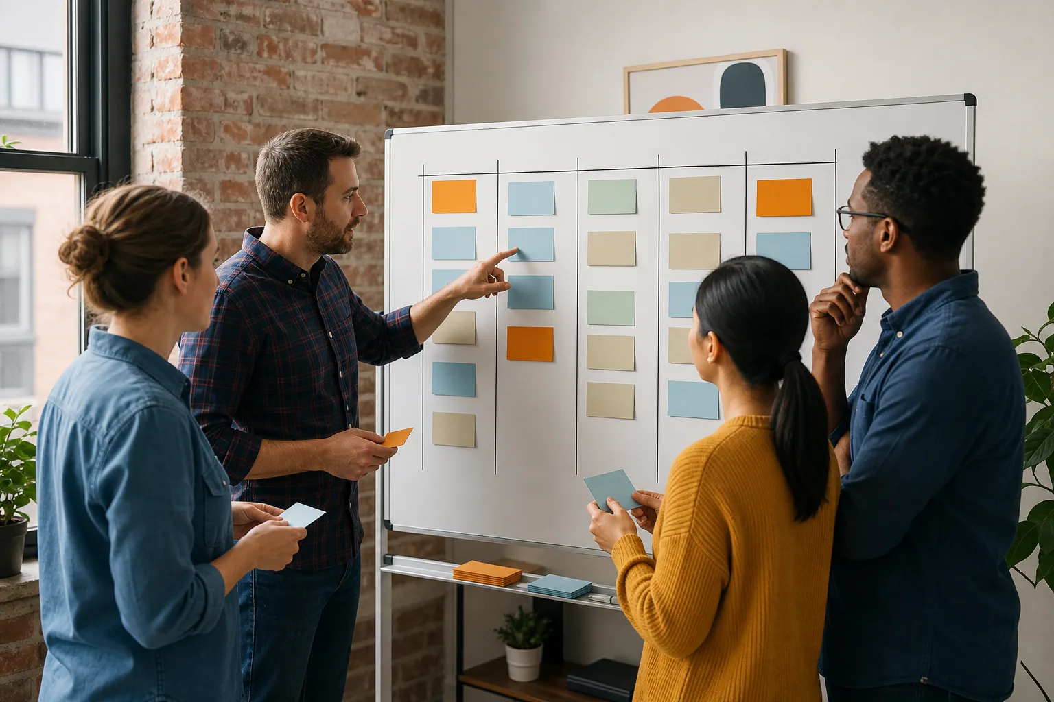 Equipo de software organiza tarjetas de tareas en un tablero ágil durante una reunión breve.