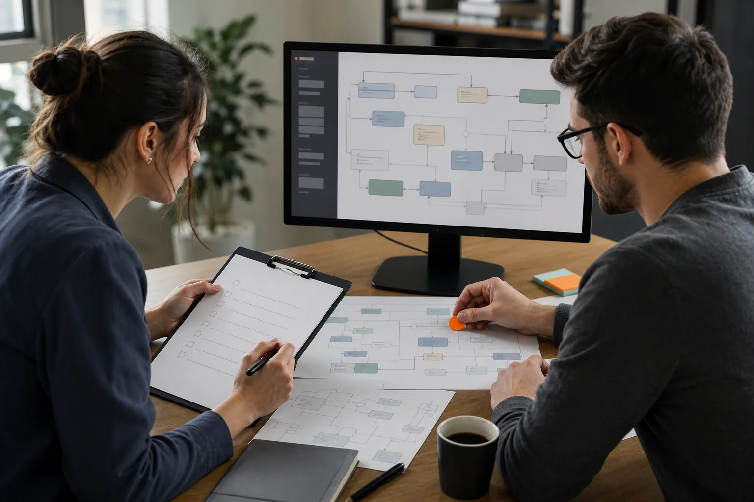 Dos desarrolladores revisan la seguridad y el flujo de datos de una aplicación.