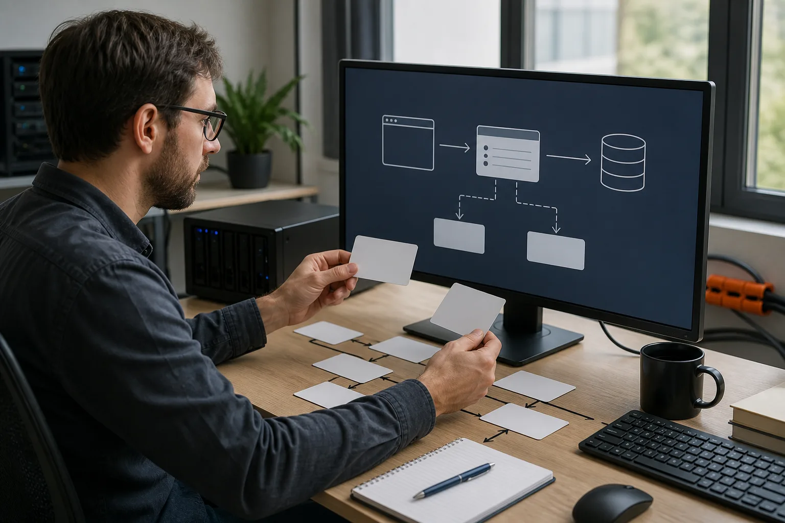 Programador organiza el flujo entre una aplicación web, el servidor y la base de datos.