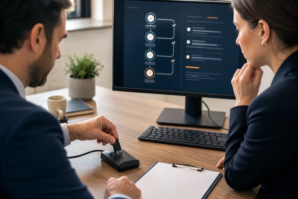 Dos profesionales verifican un documento digital mediante un dispositivo de firma segura.