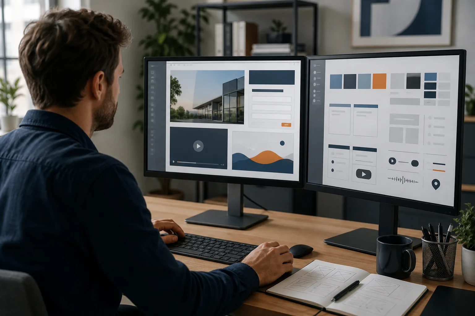 Desarrollador crea una web multimedia con formularios, vídeo y componentes visuales.