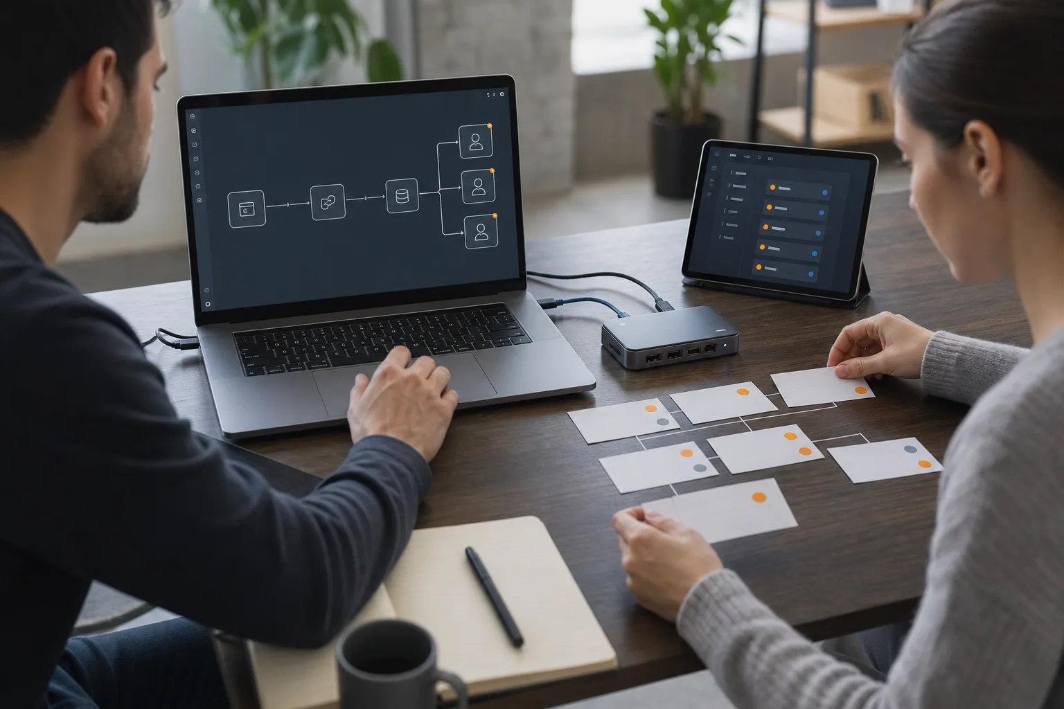 Dos desarrolladores configuran conexiones, permisos y roles para una aplicación en la nube.