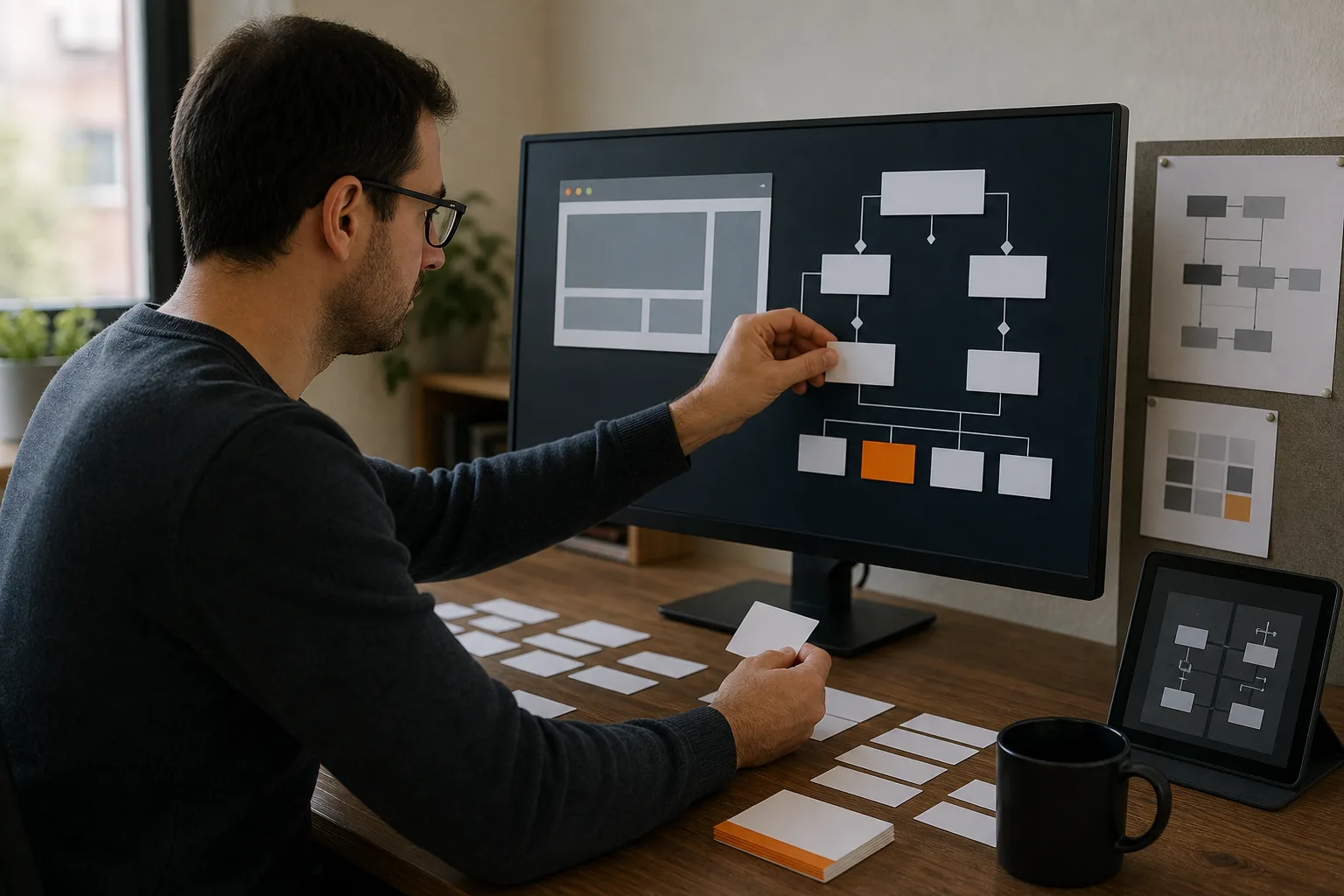 Programador organiza clases y módulos de una aplicación mediante un diagrama de componentes.