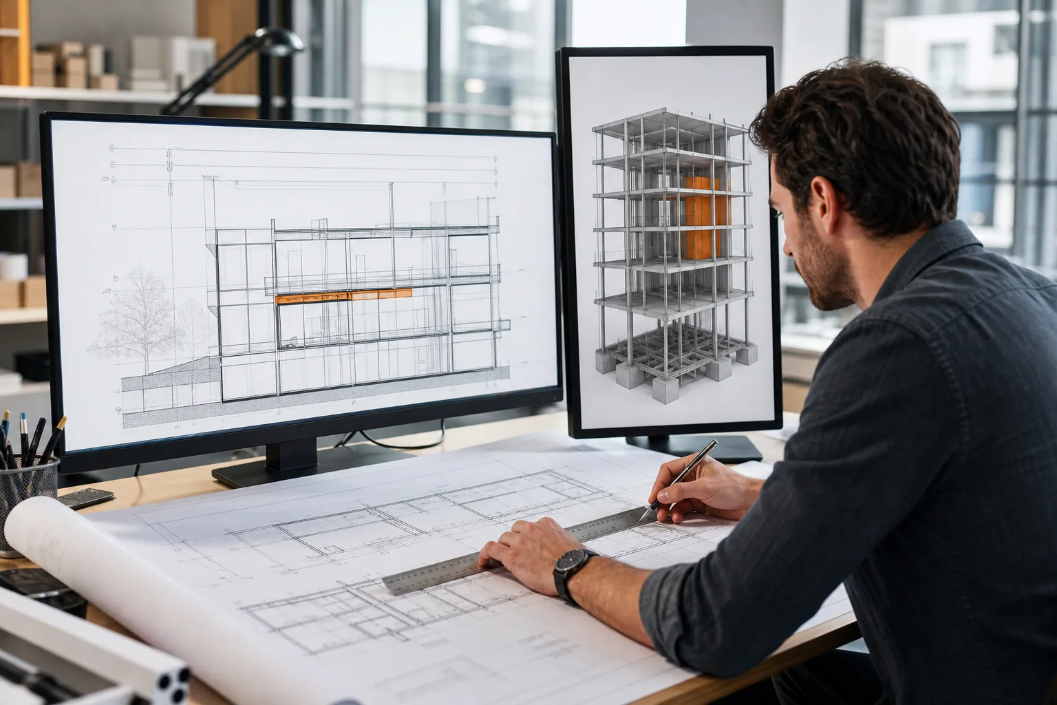Diseñador compara un plano técnico en 2D con el modelo tridimensional de una estructura.