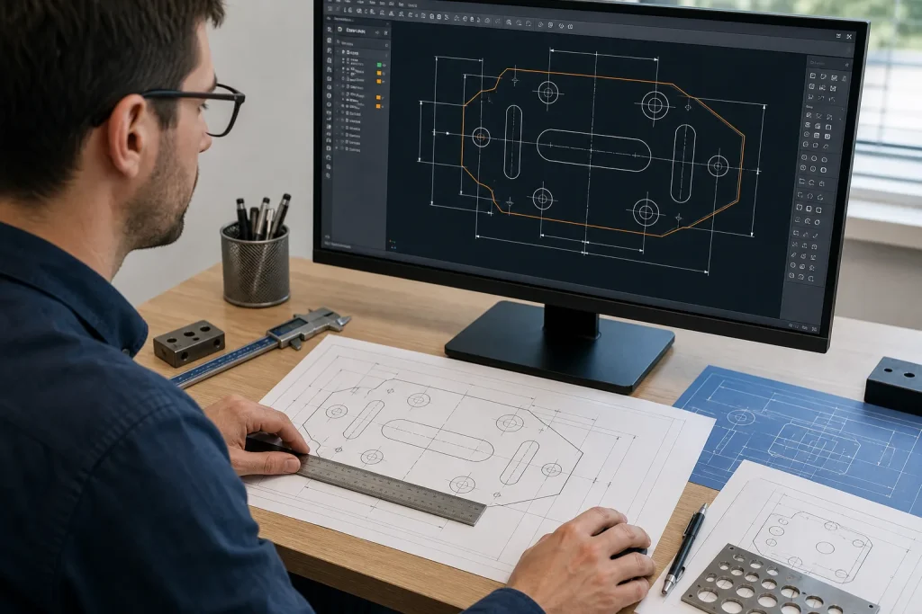 Delineante ajusta geometrías y cotas de una pieza mecánica en un plano CAD 2D.