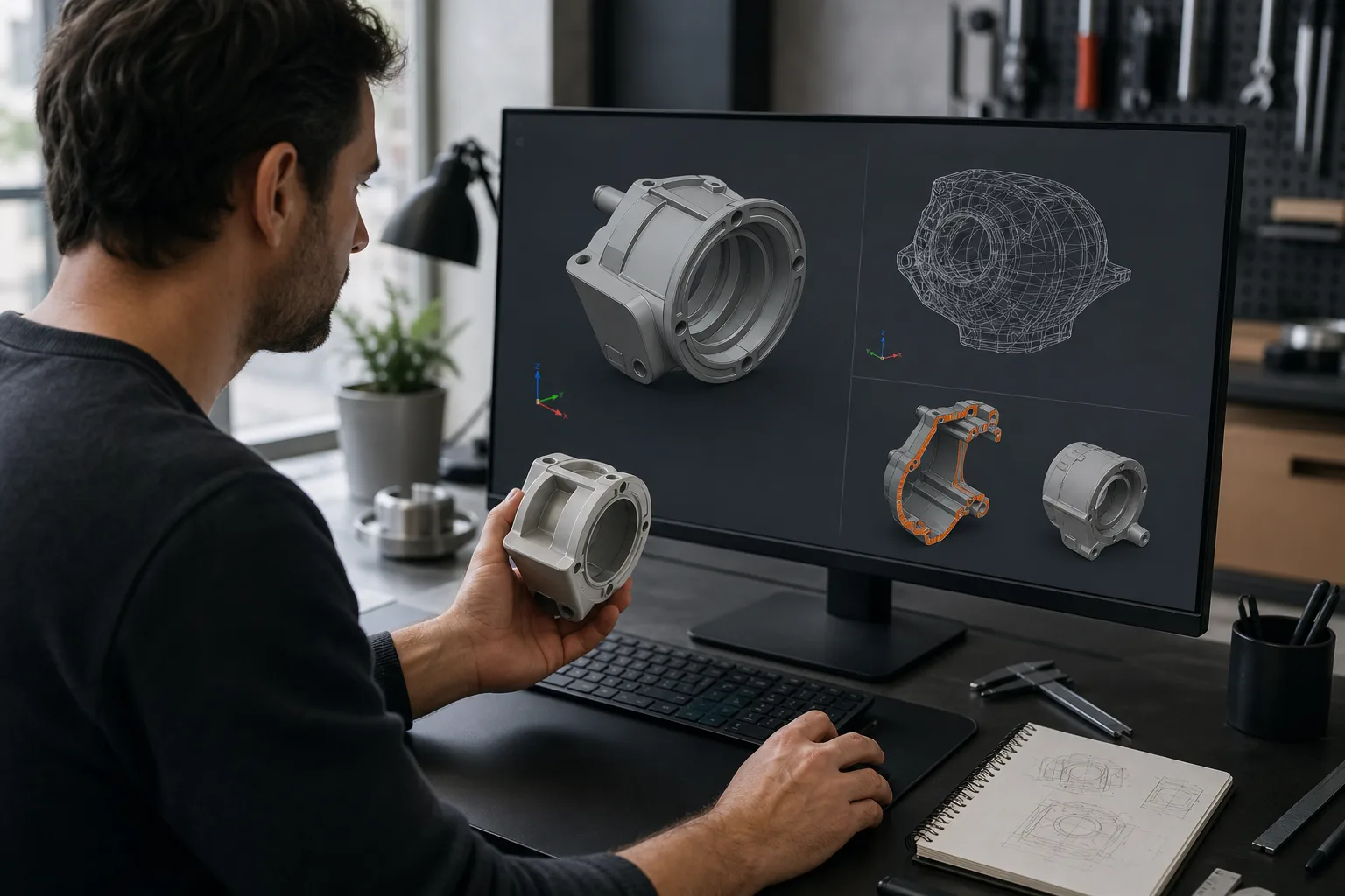 Diseñador compara un modelo CAD 3D con el prototipo físico de una carcasa mecánica.