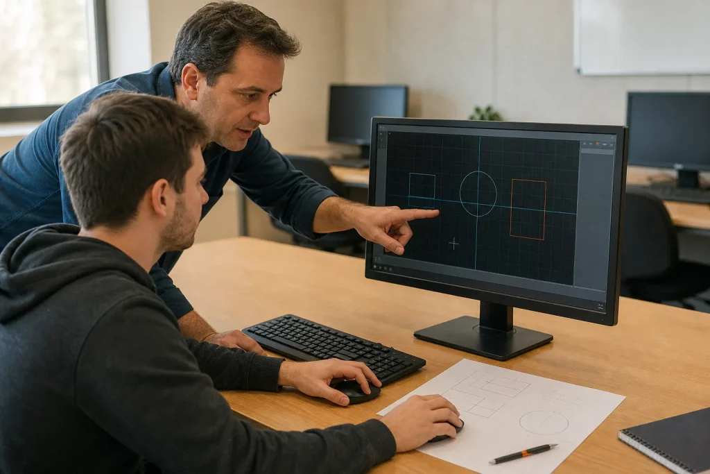 Instructor guía a un alumno en el dibujo de formas geométricas básicas con CAD.