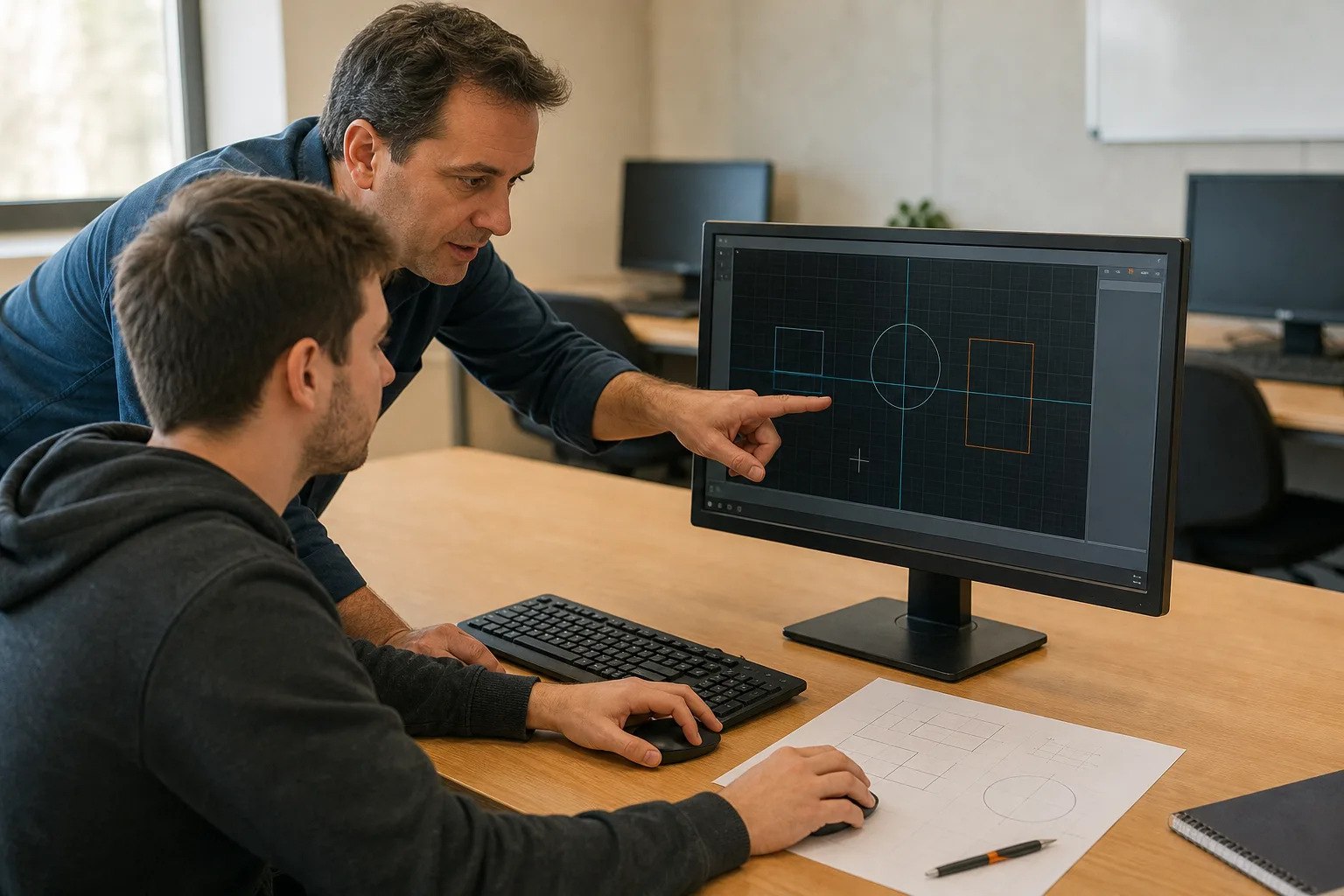 Instructor guía a un alumno en el dibujo de formas geométricas básicas con CAD.