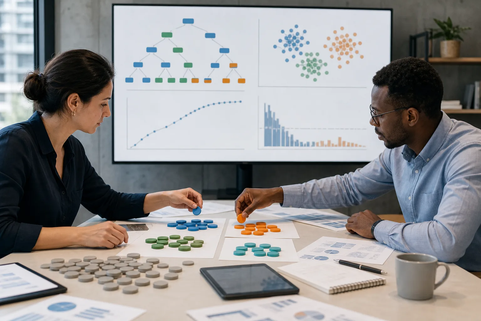 Dos analistas segmentan datos y revisan modelos predictivos para tomar decisiones.