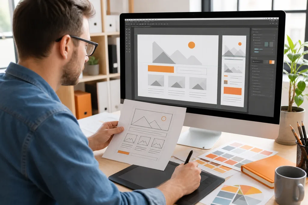 Diseñador convierte un boceto en una página web adaptable con una paleta visual.